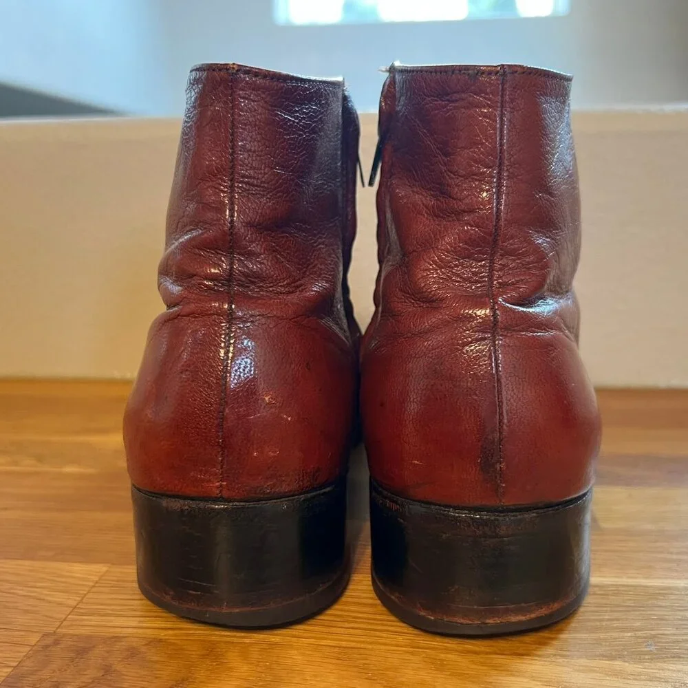 Brown Leather Ankle Boots Women’s 8 Side Zip Low Heel Classic - Picture 5 of 9